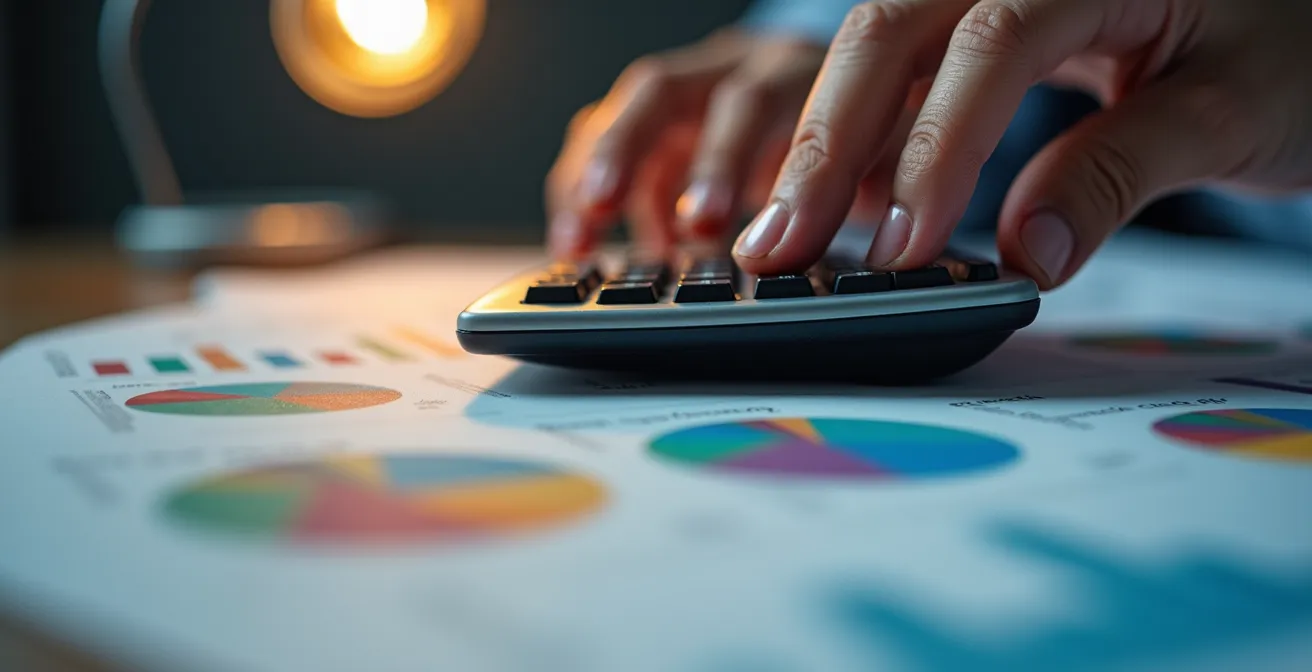 Manos trabajando con calculadora y documentos de seguro mostrando análisis comparativo