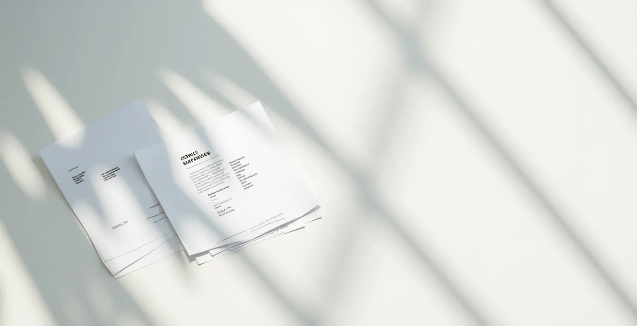 Vista cenital de mesa con documentos de seguro mostrando áreas destacadas y zonas de sombra